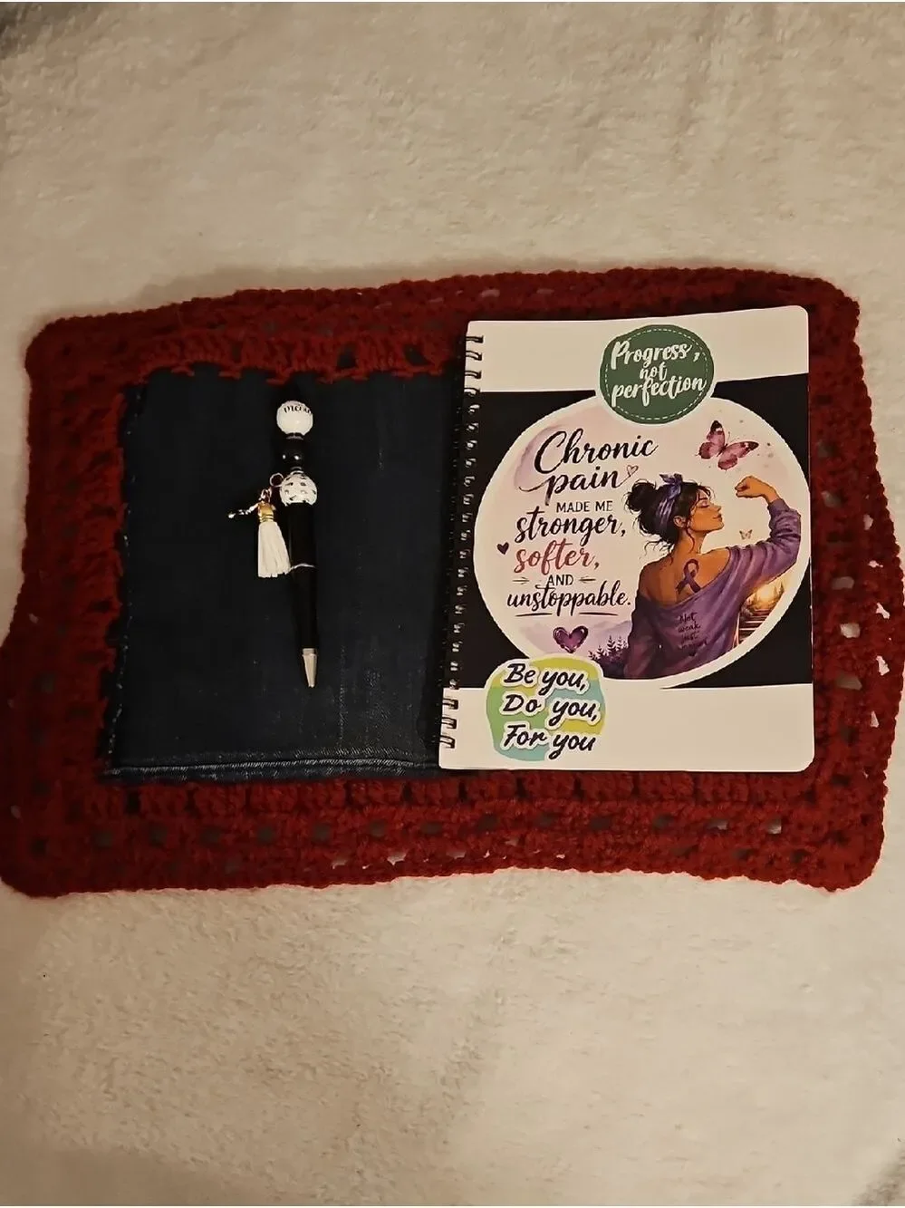 Handmade OOAK Upcycled Crochet Denim Journal Set with Handmade Pen Farmcore 11x8